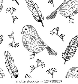 Hand drawn birds and feathers vector seamless pattern. Textile and wrapping surface design template. Print for home textile. 