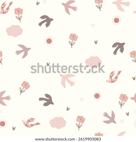 Hand drawn birds, flowers, clouds and sun. Cute seamless pattern with birds.