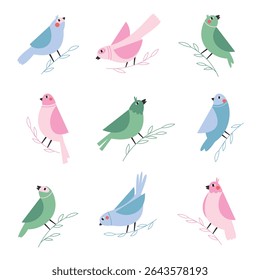 Hand drawn birds large set. Colorful spring bird sitting on a tree branch.
