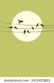 Hand drawn birds on wires sitting against the background of a large circle of the sun in the green sky, vector illustration