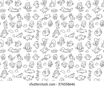 Hand drawn birds pattern. Seamless texture. Funny doodles. Isolated vector objects. Black and white.