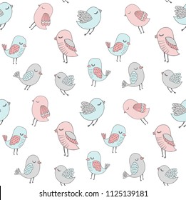 Hand drawn birds pattern. Vector seamless background with cute doodle birds in pastel colors.