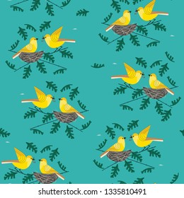 Hand drawn birds seamless pattern. Birdfiding cartoon design element. Template background for textile packaging print project. Cute bird sitting on eggs in straw nest. Vector birdwatching illustration