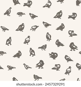 Hand drawn birds seamless pattern vector, quick sketch of many pigeons walking, standing, preening their plumage, randomly located on a beige background