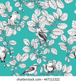 Hand drawn birds sitting on branches with leaves and berries.  Black and white image  of songbirds on turquoise background. Vector sketch.  Seamless pattern.