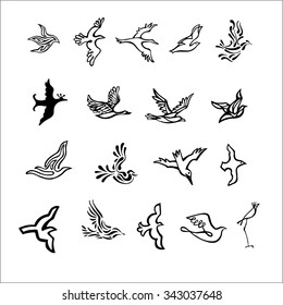 Hand drawn birds vector logo set (sign, symbol, icon, illustration)