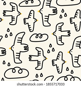 Hand drawn Birds with yellow beaks. Clouds, raindrops. Doodle ink style. Trendy Vector illustration. Square Seamless pattern. Background, Wallpaper, wrapping paper