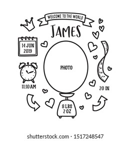 Hand drawn birth announcement. Baby shower related monochrome invitation. Vector vintage illustration.