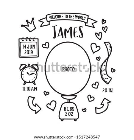Hand drawn birth announcement. Baby shower related monochrome invitation. Vector vintage illustration.