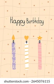 Hand drawn birthday artwork with three colorful candles on a soft peach grid background. Each candle has a unique topper flame, heart, and star. Minimalist and playful design perfect 