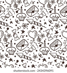 Handgezeichneter Geburtstagshintergrund mit Ballon, Kuchen und Knallkörper. Nahtloses Muster im Doodle-Stil.