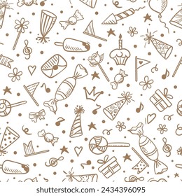 Hand drawn birthday background with cupcake with candle, paper cap, flag and ice cream .  Seamless pattern in doodle style.
