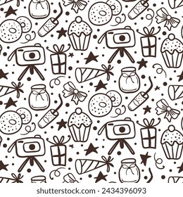 Hand drawn birthday background with gift, camera, paper capand cake, Seamless pattern in doodle style.