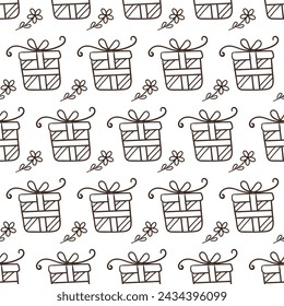 Hand drawn birthday background with gift box. Seamless pattern in doodle style.