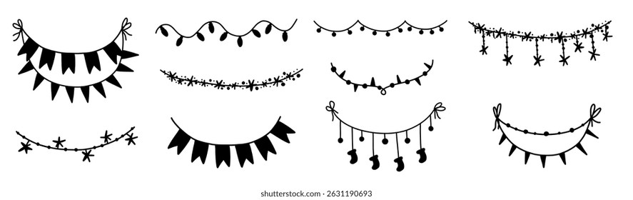 Hand drawn birthday bunting garland with lamps, lights, flags. Party line simple scribble doodle vector illustration collection.