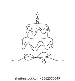 Hand drawn Birthday cake Continuous line art flat vector illustration on white background 
