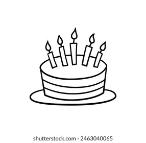 Hand drawn birthday cake with five candles. Children doodle drawing. Vector illustration isolated on white background.