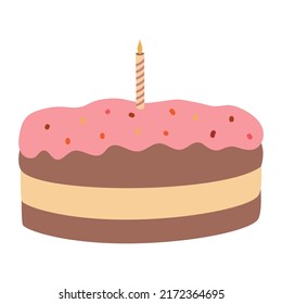 Hand drawn birthday cake with  one candle. Doodle vector illustration on boho style.