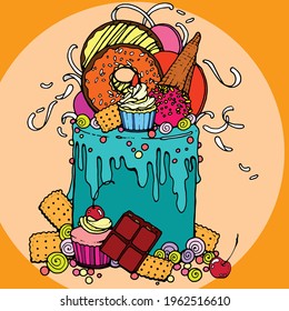 Hand drawn birthday cake vector art illustration with sweet ingredients toppings. Chocolate, cookies, donuts, ice-cream, cupcakes and cherry. Template design for colouring page, greeting card, menu
