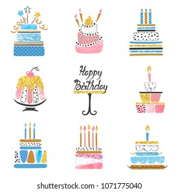 Hand drawn Birthday cakes big set. Vector watercolor illustration.