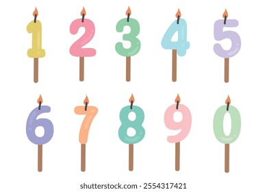 Hand drawn birthday candles set illustration. Pastel color. Birthday cake decorative. Suitable for flat design illustration, clip art, stickers, etc