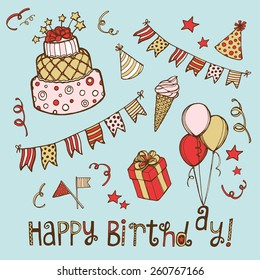 Hand drawn birthday card. Birthday cake, flags garland, lettering, air balloons, birthday cake, gift box, birthday hat, ice cream