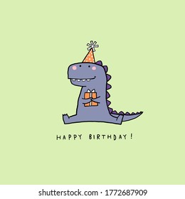 Hand drawn birthday card with cartoon little cute dinosaur holding the gift box. Vector illustration for poster or print decoration.