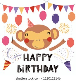 Hand drawn birthday card with cute funny monkey in a party hat, bunting, poppers, balloons, sparklers, quote. Isolated objects. Scandinavian style flat design. Vector illustration. Concept kids print.