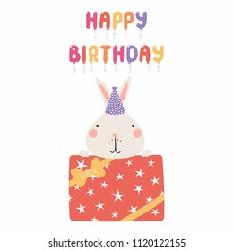 Hand drawn birthday card with cute funny bunny in a party hat, present, ballons quote Happy birthday. Isolated objects. Scandinavian style flat design. Vector illustration. Concept for kids print.