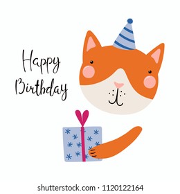 Hand drawn birthday card with cute funny cat in a party hat, present, quote Happy birthday. Isolated objects. Scandinavian style flat design. Vector illustration. Concept for kids print.