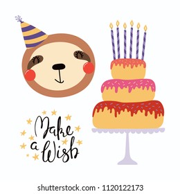 Hand drawn birthday card with cute funny sloth in a party hat, cake with candles, quote Make a wish. Isolated objects. Scandinavian style flat design. Vector illustration. Concept for kids print.
