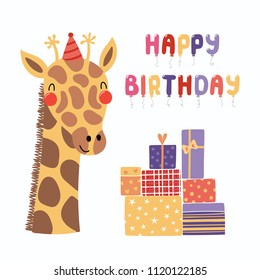 Hand drawn birthday card with cute funny giraffe in a party hat, presents, balloons quote Happy birthday. Isolated objects. Scandinavian style flat design. Vector illustration. Concept for kids print.