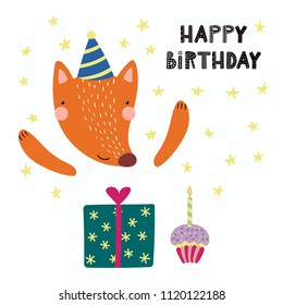 Hand drawn birthday card with cute funny fox in a party hat, present, cupcake, quote Happy birthday. Isolated objects. Scandinavian style flat design. Vector illustration. Concept for kids print.