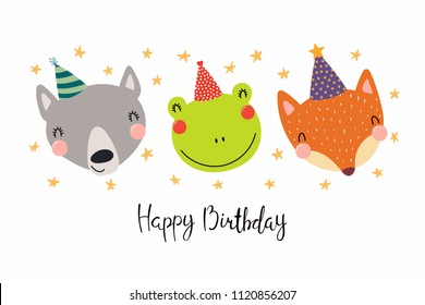 Hand drawn birthday card with cute funny wolf, frog, fox in party hats, stars, quote Happy birthday. Isolated objects. Scandinavian style flat design. Vector illustration. Concept for kids print.