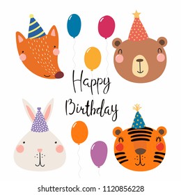 Hand drawn birthday card with cute funny fox, bear, bunny, tiger in party hats, balloons, quote. Isolated objects. Scandinavian style flat design. Vector illustration. Concept for kids print.