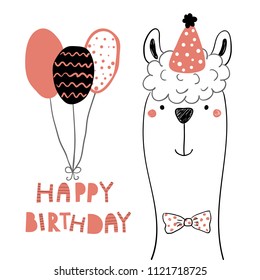 Hand drawn birthday card with cute funny llama in a party hat, balloons, lettering quote Happy birthday. Isolated objects. Line drawing. Vector illustration. Design concept for children print.