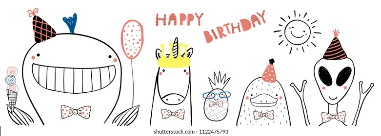 Hand drawn birthday card with cute funny whale, unicorn, pineapple, platypus, alien in party hats, lettering Happy birthday. Isolated objects. Line drawing. Vector illustration. Design concept kids