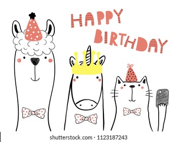 Hand drawn birthday card with cute funny llama, unicorn, cat in party hats, taking selfie with a smart phone,quote. Isolated objects. Line drawing. Vector illustration. Design concept for kids print.