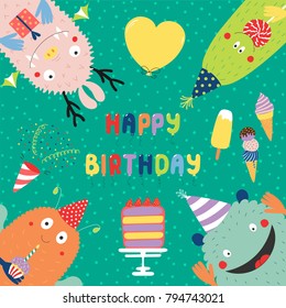 Hand drawn birthday card with cute funny monsters in party hats, looking from all sides, with cake, typography. Vector illustration. Isolated objects. Design concept for children, birthday celebration