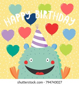Hand drawn birthday card with cute funny monster in a party hat, with balloons, typography. Vector illustration. Isolated objects. Design concept for children, birthday celebration.