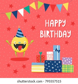 Hand drawn birthday card with cute funny monster in a party hat, with a heap of presents, typography. Vector illustration. Isolated objects. Design concept for children, birthday celebration.