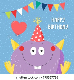 Hand drawn birthday card with cute funny monster in a party hat, with balloon, bunting, typography. Vector illustration. Isolated objects. Design concept for children, birthday celebration.