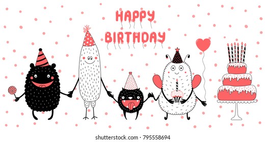 Hand drawn birthday card with cute funny monsters in party hats, smiling and holding hands, with typography. Vector illustration. Isolated objects. Design concept for children, birthday celebration.