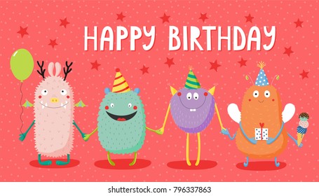 Hand drawn birthday card with cute funny monsters in party hats, smiling and holding hands, with typography. Vector illustration. Isolated objects. Design concept for children, birthday celebration.