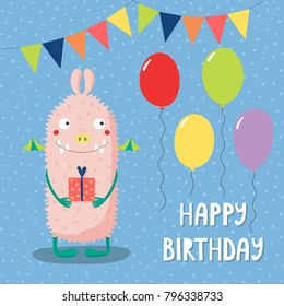 Hand drawn birthday card with cute funny monster, holding a present, with balloons, bunting, text. Vector illustration. Isolated objects. Design concept for children, birthday celebration
