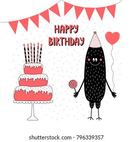 Hand drawn birthday card with cute funny monster in a party hat, holding a balloon, with cake, text. Vector illustration. Isolated objects. Design concept for children, birthday celebration