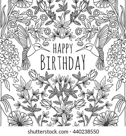 Hand drawn birthday card design with humming birds and flowers