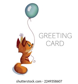 Hand drawn birthday card with a fox balloon