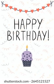 Hand drawn birthday card with purple cupcake, burning candle, heart bunting, and festive confetti. Cute and whimsical celebration design