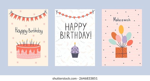 Hand drawn birthday card set with cakes, candles, balloons, and festive bunting. Cute and whimsical illustrations in pastel tones. Perfect for celebration prints, greeting cards, or kids party design.
